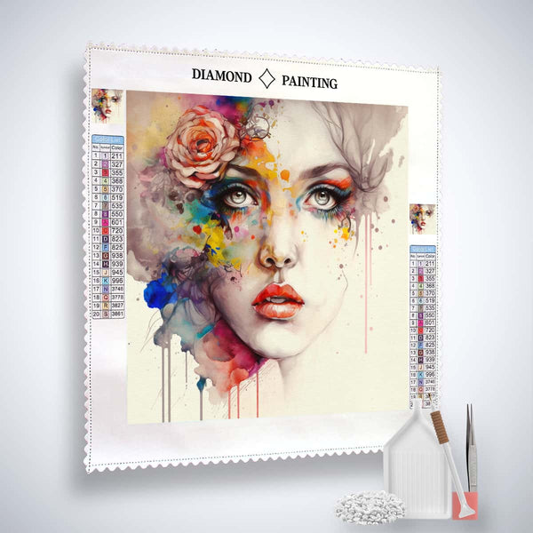 Diamond Painting - Charming Smile kit with professional canvas, acrylic diamonds, artist's tweezers, and application pen in paint by numbers style.