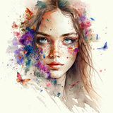 Paint by Numbers Diamond Painting Kit - Elegant Radiance with watercolor portrait, butterflies, and flowers.