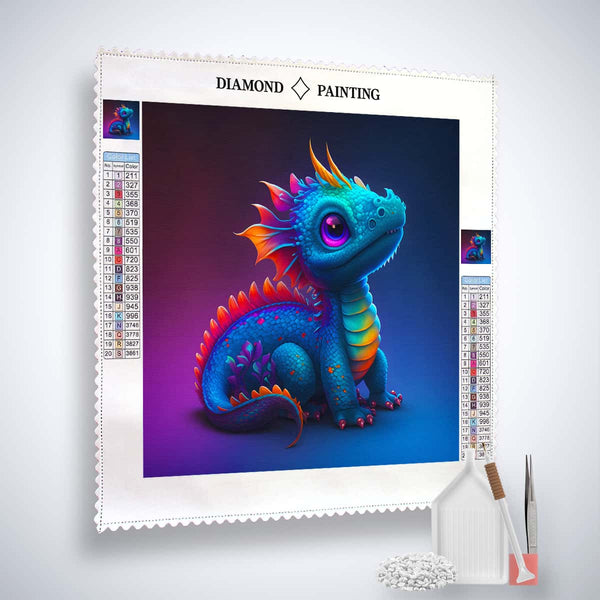 Diamond Painting - Curious Dragon kit featuring a vibrant dragon design, professional canvas, tweezers, application pen, and acrylic diamonds. Paint by Numbers.