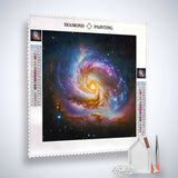 Diamond Painting - Starry Night canvas with accessories including enhanced acrylic diamonds, artist's tweezers, and application pen.
