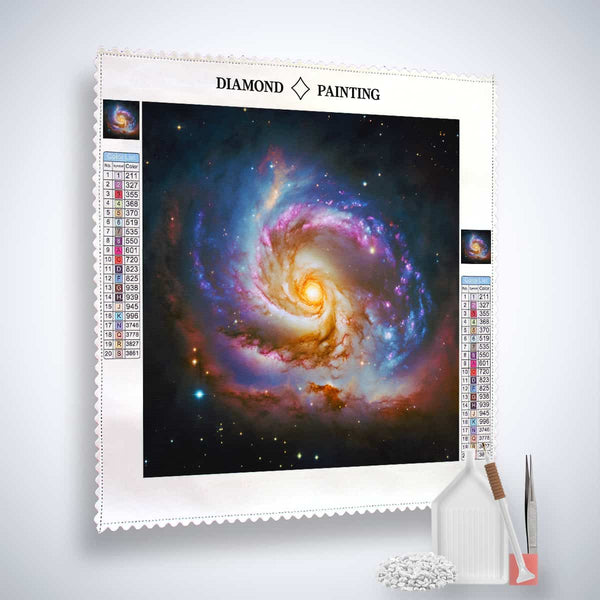 Diamond Painting - Starry Night canvas with accessories including enhanced acrylic diamonds, artist's tweezers, and application pen.