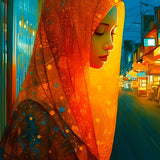 AB Diamond Painting - Woman in Orange, Sparkling Art Kit, Paint by Numbers, Night Street Scene, Professional Canvas.