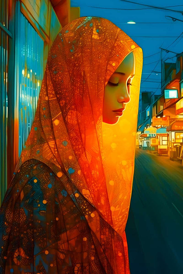 AB Diamond Painting - Woman in Orange, Sparkling Art Kit, Paint by Numbers, Night Street Scene, Professional Canvas.