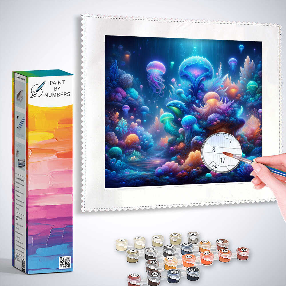 Paint by Numbers kit featuring a deep-sea landscape with glowing jellyfish and fluorescent coral reefs in blue and purple tones.