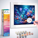 Paint by Numbers kit featuring a deep-sea landscape with glowing jellyfish and fluorescent coral reefs in blue and purple tones.