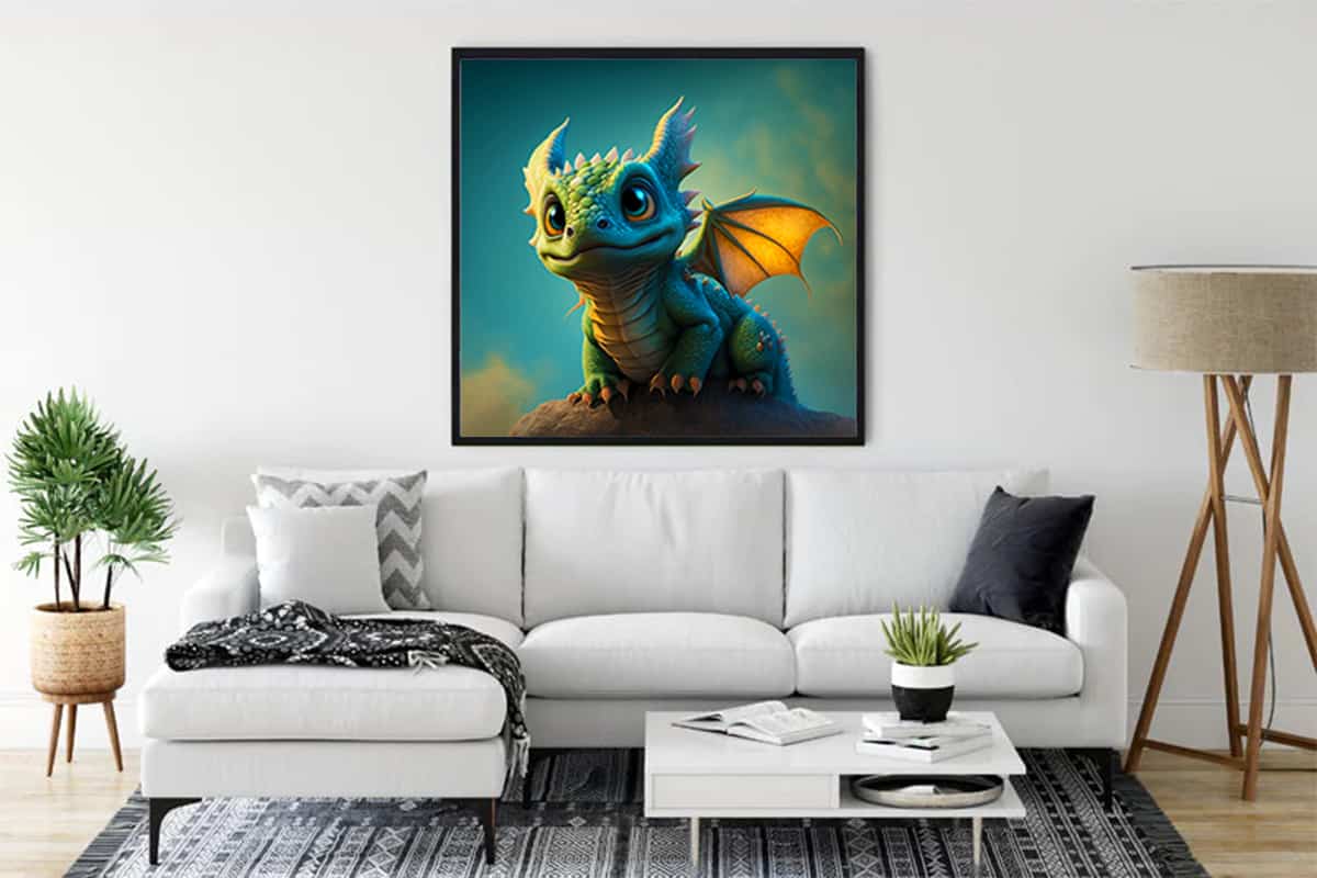 Diamond Painting - Magic Rise featuring a cute dragon displayed in a modern living room. Paint by Numbers art that sparkles.