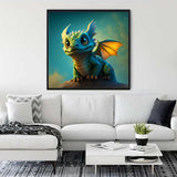 Diamond Painting - Magic Rise featuring a cute dragon displayed in a modern living room. Paint by Numbers art that sparkles.