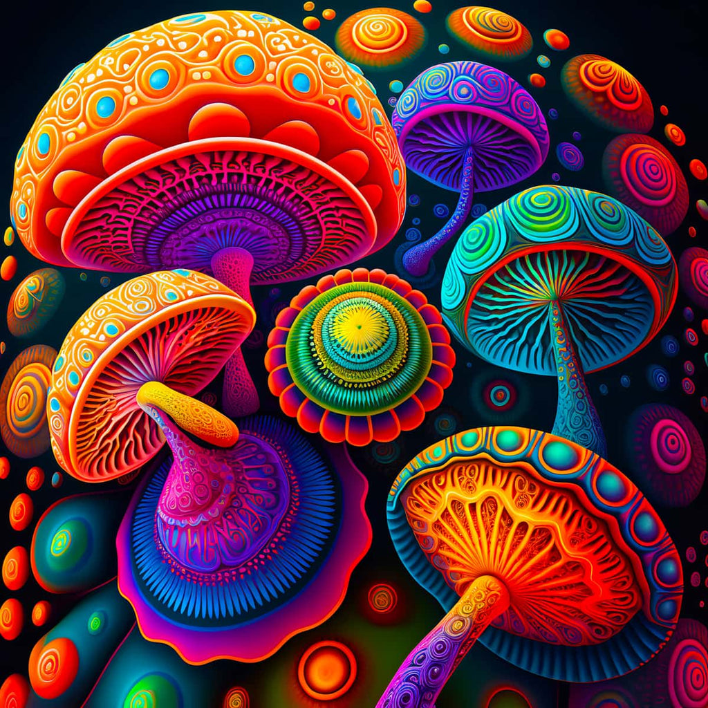 Colorful abstract diamond painting of magic mushrooms, vibrant paint by numbers kit featuring bright, psychedelic mushroom designs.