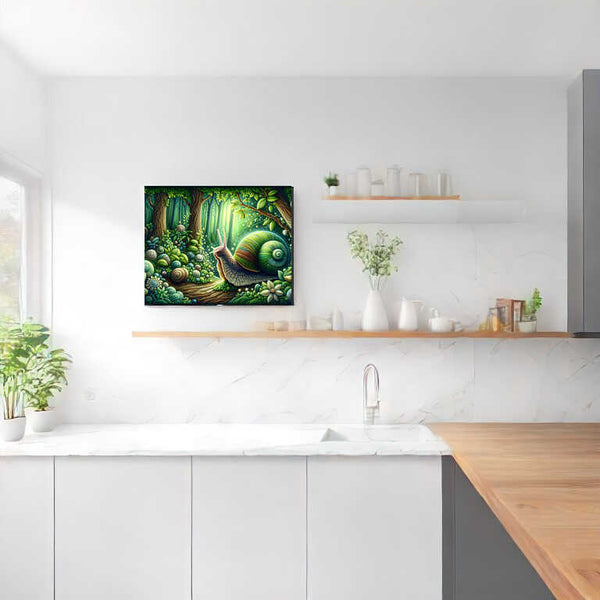 Diamond Painting Wood Snail Forest Secrets displayed in white kitchen above counter.