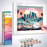 Paint by Numbers - Dreams of Los Angeles with pastel skyline, palm trees, classic car and paint by numbers kit