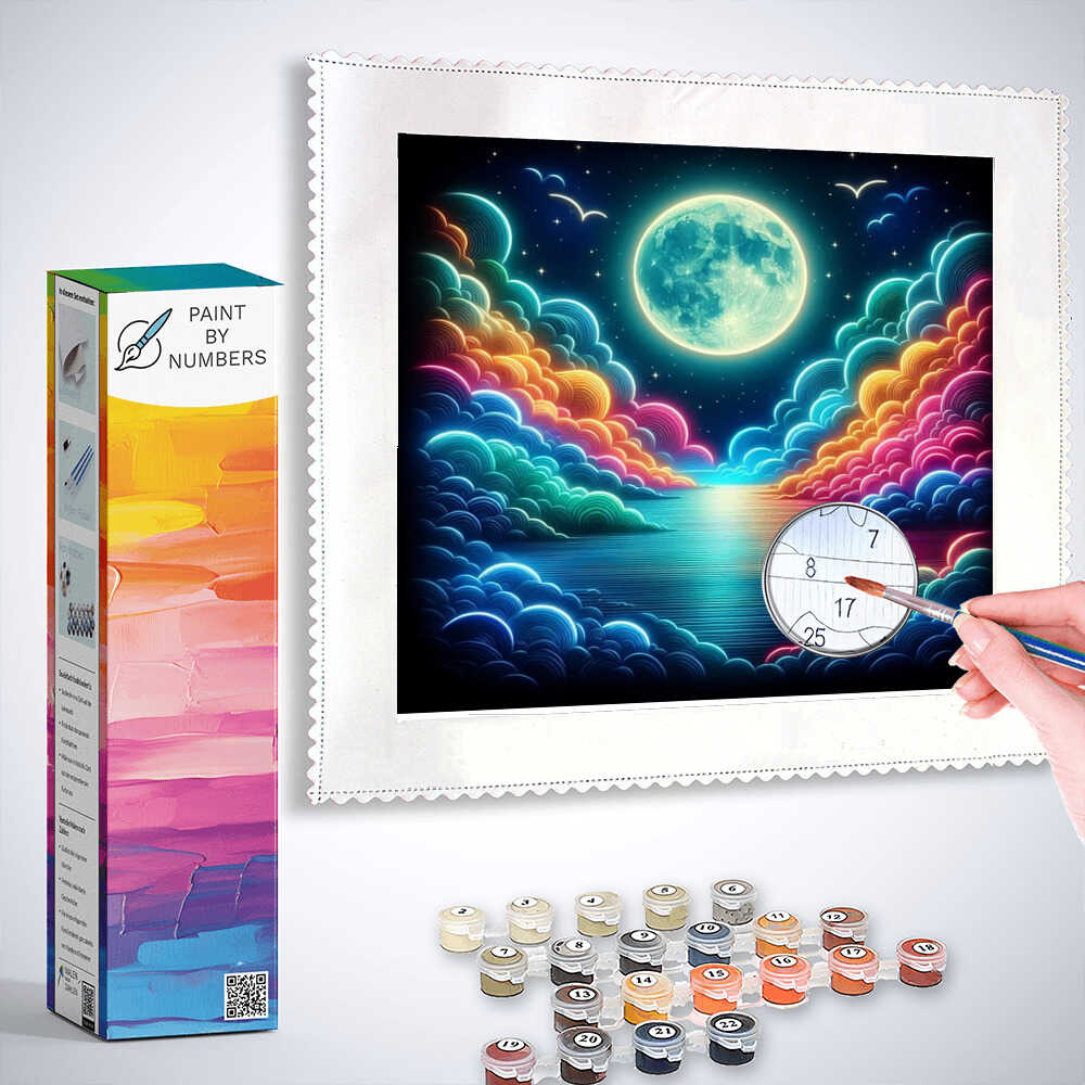 Paint by Numbers kit featuring neon clouds and a full moon over a serene sea, with a hand painting by numbers on the canvas.
