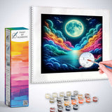 Paint by Numbers kit featuring neon clouds and a full moon over a serene sea, with a hand painting by numbers on the canvas.