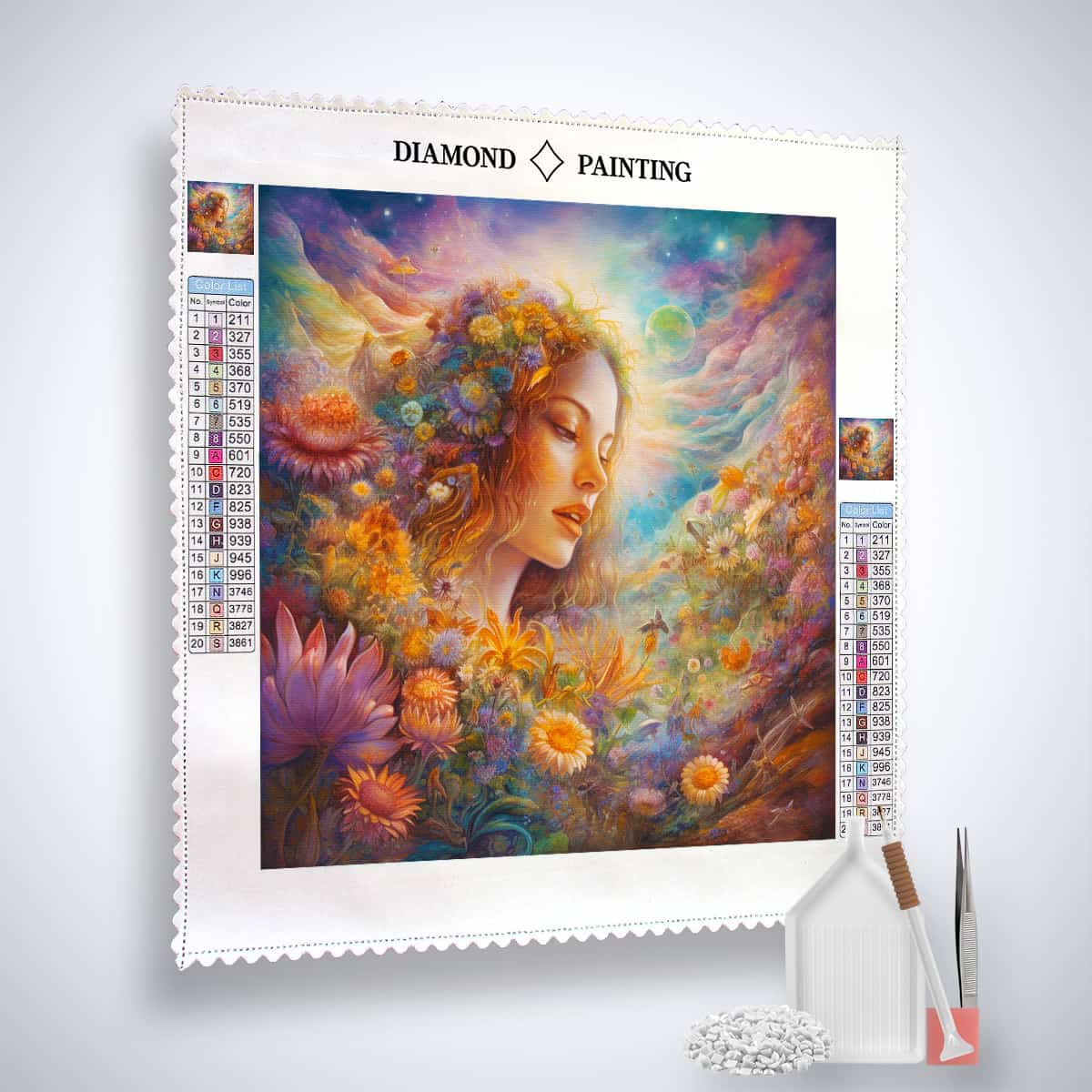 Diamond Painting Flower Girl in Garden kit with canvas, acrylic diamonds, artist's tweezers, application pen, and multiplacer - Paint by Numbers