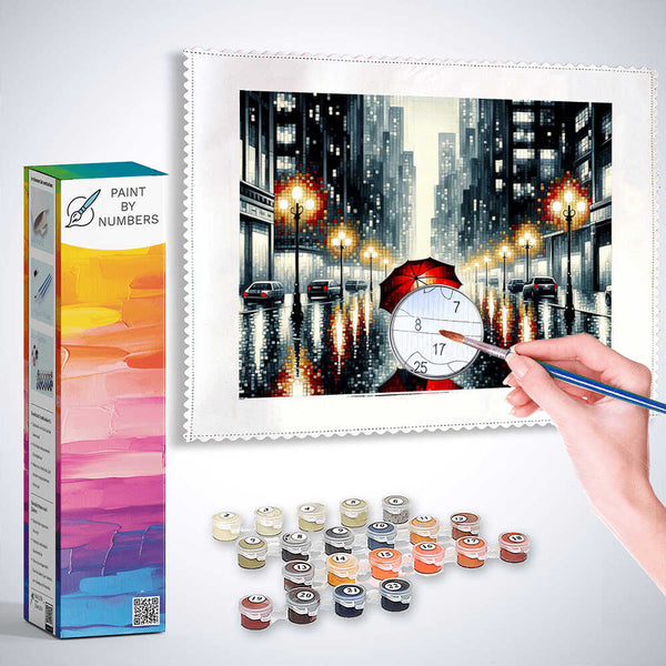 City, red umbrella - Paint by Numbers