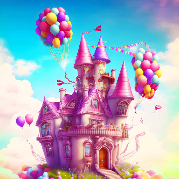Fairy tale castle with balloons diamond painting kit – Paint by Numbers art that sparkles with enhanced acrylic diamonds on professional canvas.