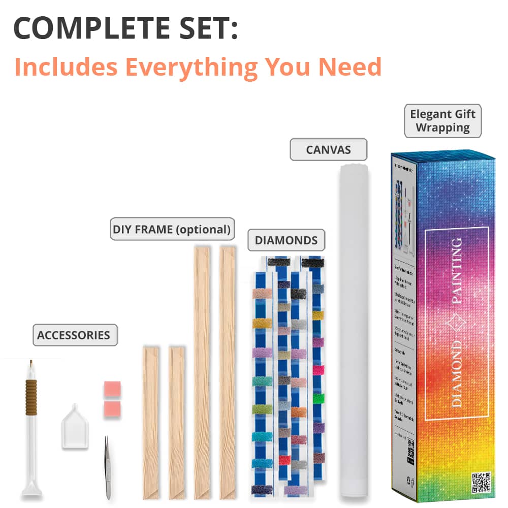 Complete AB Diamond Painting kit with accessories, DIY frame, canvas, diamonds, and elegant gift wrapping, perfect for paint by numbers enthusiasts.