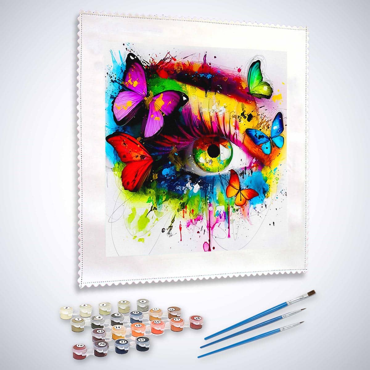 Malen nach Zahlen - bunte Schmetterlinge, Auge - hochwertige Leinwand - abstrakt, bestseller, menschen, neue_bilder, quadratisch, schmetterling