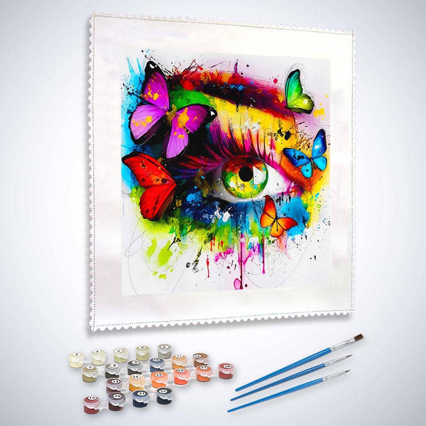 Malen nach Zahlen - bunte Schmetterlinge, Auge - hochwertige Leinwand - abstrakt, bestseller, menschen, neue_bilder, quadratisch, schmetterling