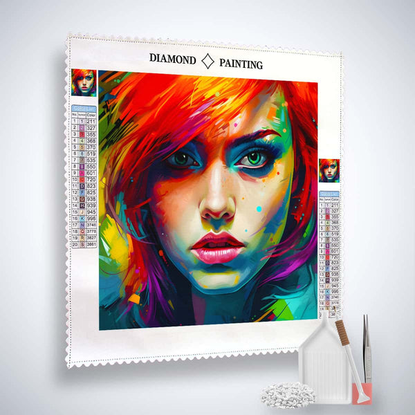 AB Diamond Painting - Portrait Color Explosion Paint by Numbers kit with canvas, acrylic diamonds, tweezers, and application pen.