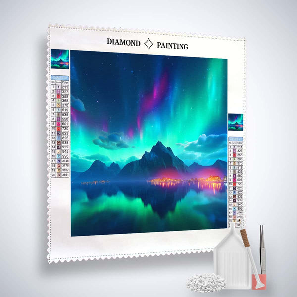 AB Diamond Painting kit featuring Aurora Borealis and glowing city. Sparkling paint by numbers set with canvas, diamonds, and tools.