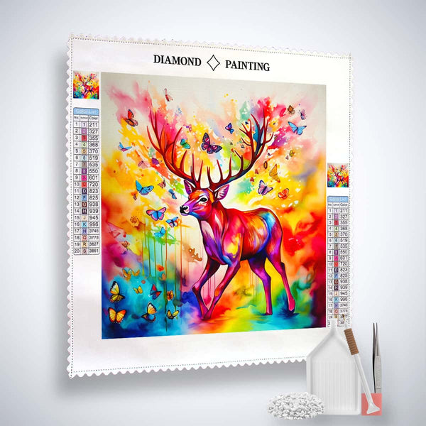 Bright and colorful deer diamond painting kit with enhanced acrylic diamonds, professional canvas, tweezers, and application pen.