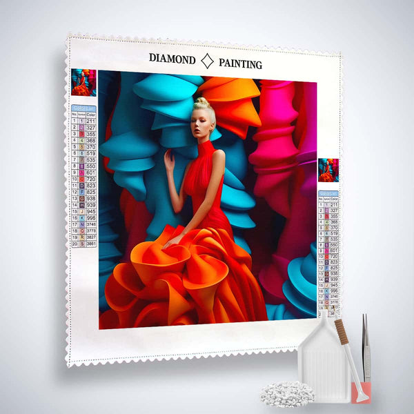 Woman with extravagant dress on diamond painting canvas with paint by numbers kit and tools