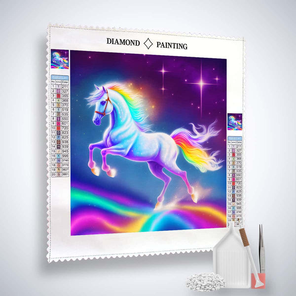 AB Diamond Painting - Unicorn on rainbow kit featuring sparkling acrylic diamonds, fine artist's tweezers, and professional application pen