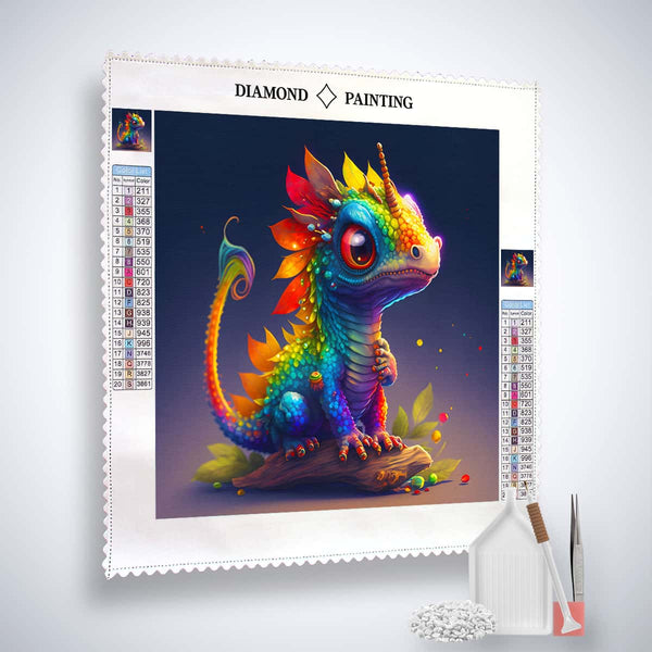 AB Diamond Painting - Rainbow Dragon kit featuring a colorful dragon design, professional canvas, acrylic diamonds, tweezers, and application pen.
