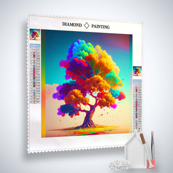 AB Diamond Painting - Tree of Magic Colors kit with professional canvas, acrylic diamonds, tweezers, and applicator pen. Paint by Numbers