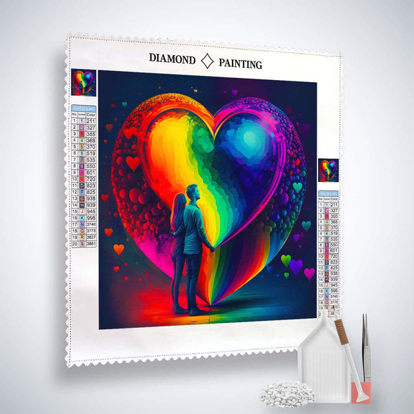 AB Diamond Painting - Colorful heart of love, couple on canvas with included tools and enhanced acrylic diamonds. Paint by Numbers.