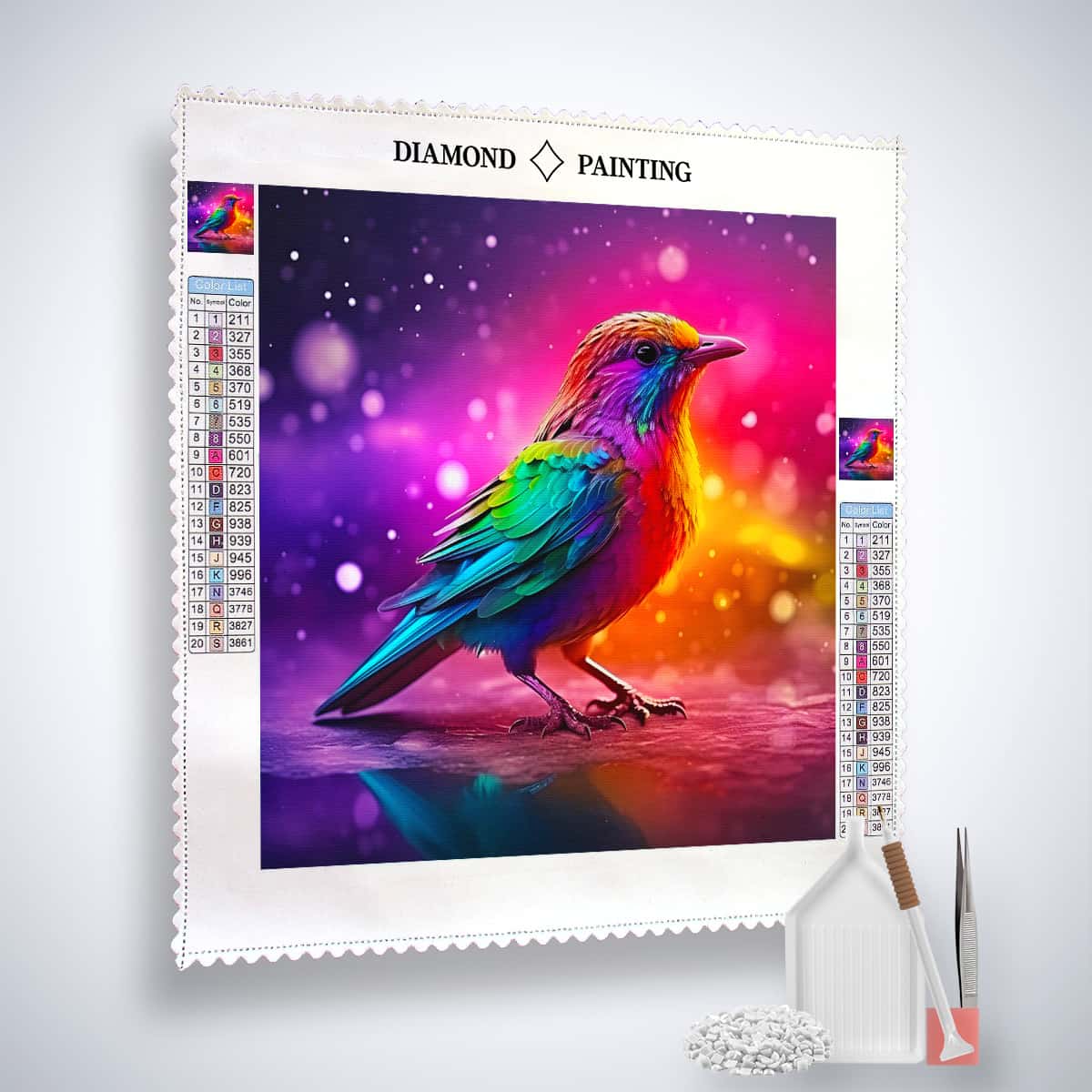 Colorful bird diamond painting kit with enhanced acrylic diamonds on professional canvas. Paint by numbers for vibrant art.