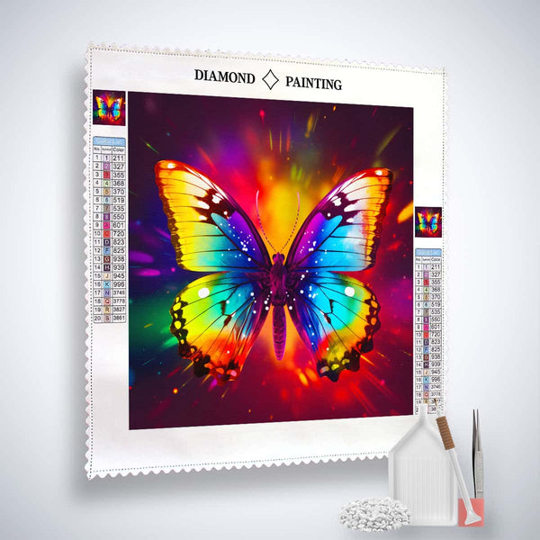 AB Diamond Painting - Rainbow Butterfly kit with professional canvas, colorful acrylic diamonds, tweezers, and application pen