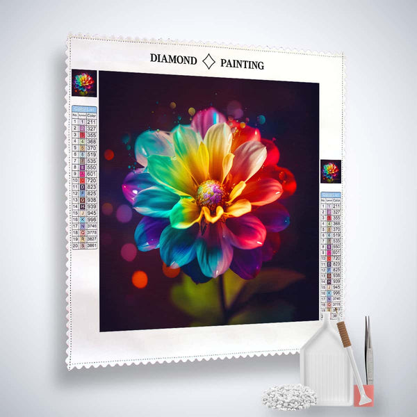 AB Diamond Painting - Rainbow Flower. Complete Paint by Numbers kit with canvas, acrylic diamonds, tweezers, and application pen.