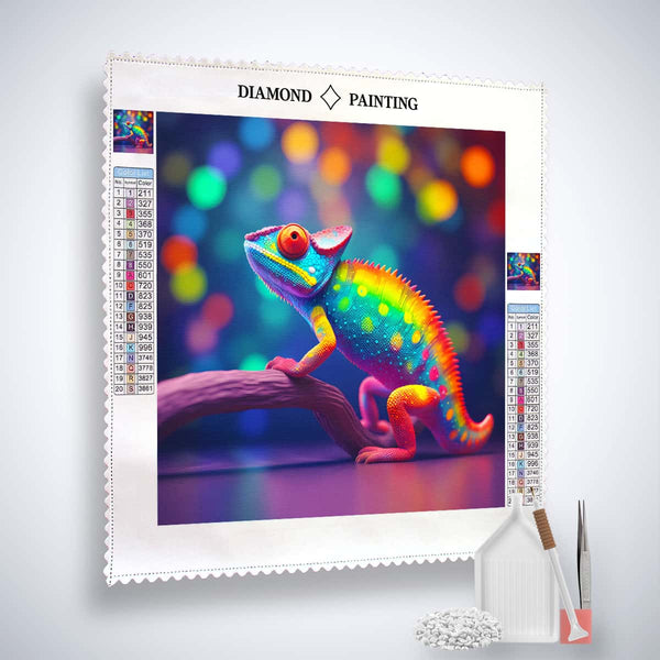 AB Diamond Painting Rainbow Chameleon Kit with Paint by Numbers Canvas, Acrylic Diamonds, Tweezers, and Application Pen.