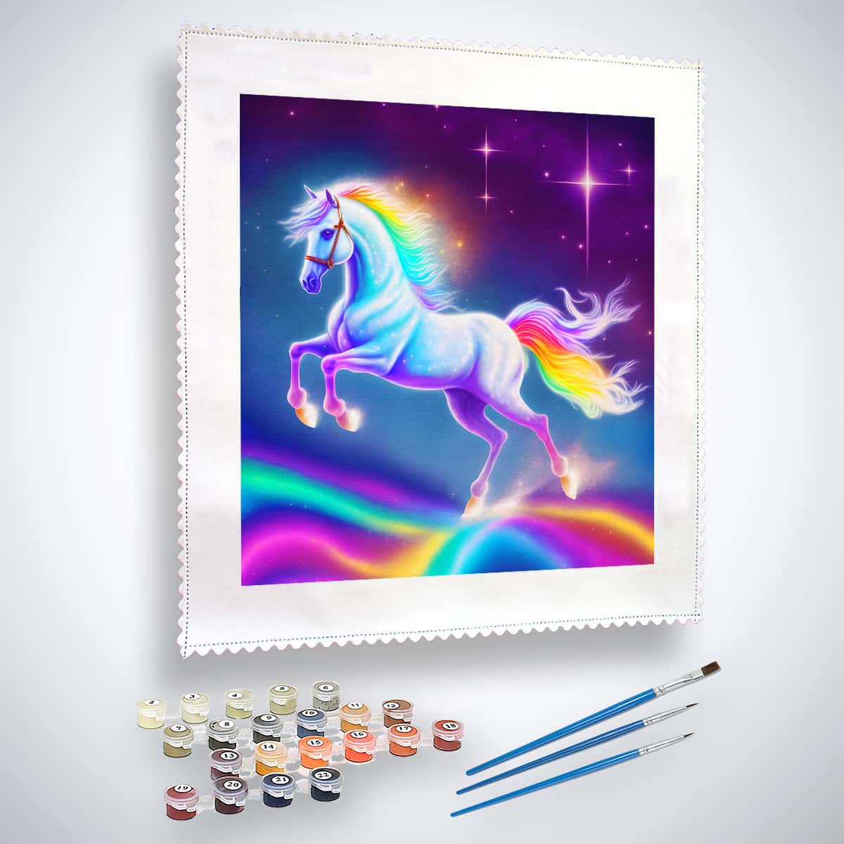 Malen nach Zahlen - Einhorn auf Regenbogen - hochwertige Leinwand - Einhorn, Märchen, MärchenNeu eingetroffen, Neu eingetroffen, Quadratisch, Regenbogen