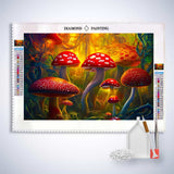 Diamond Painting Kit featuring a colorful toadstool family design with enhanced acrylic diamonds and professional tools included.