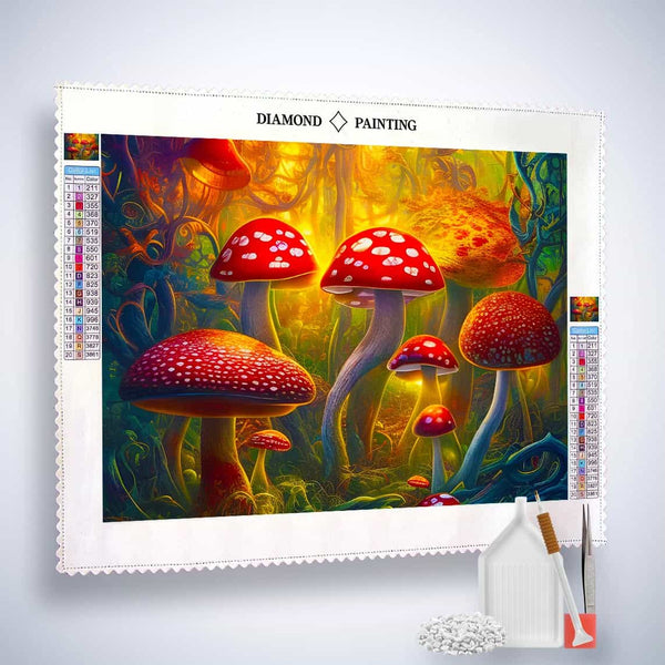Diamond Painting - Toadstool Family Paint by Numbers Kit with vibrant red mushrooms against a colorful forest background