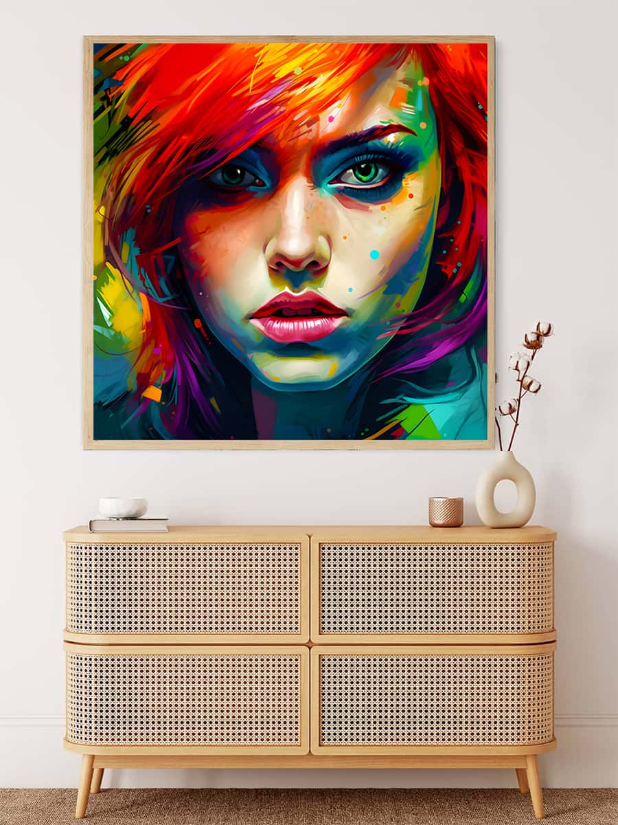 AB Diamond Painting - Portrait Color Explosion displayed above a modern wooden dresser
