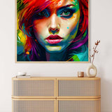 AB Diamond Painting - Portrait Color Explosion displayed above a modern wooden dresser