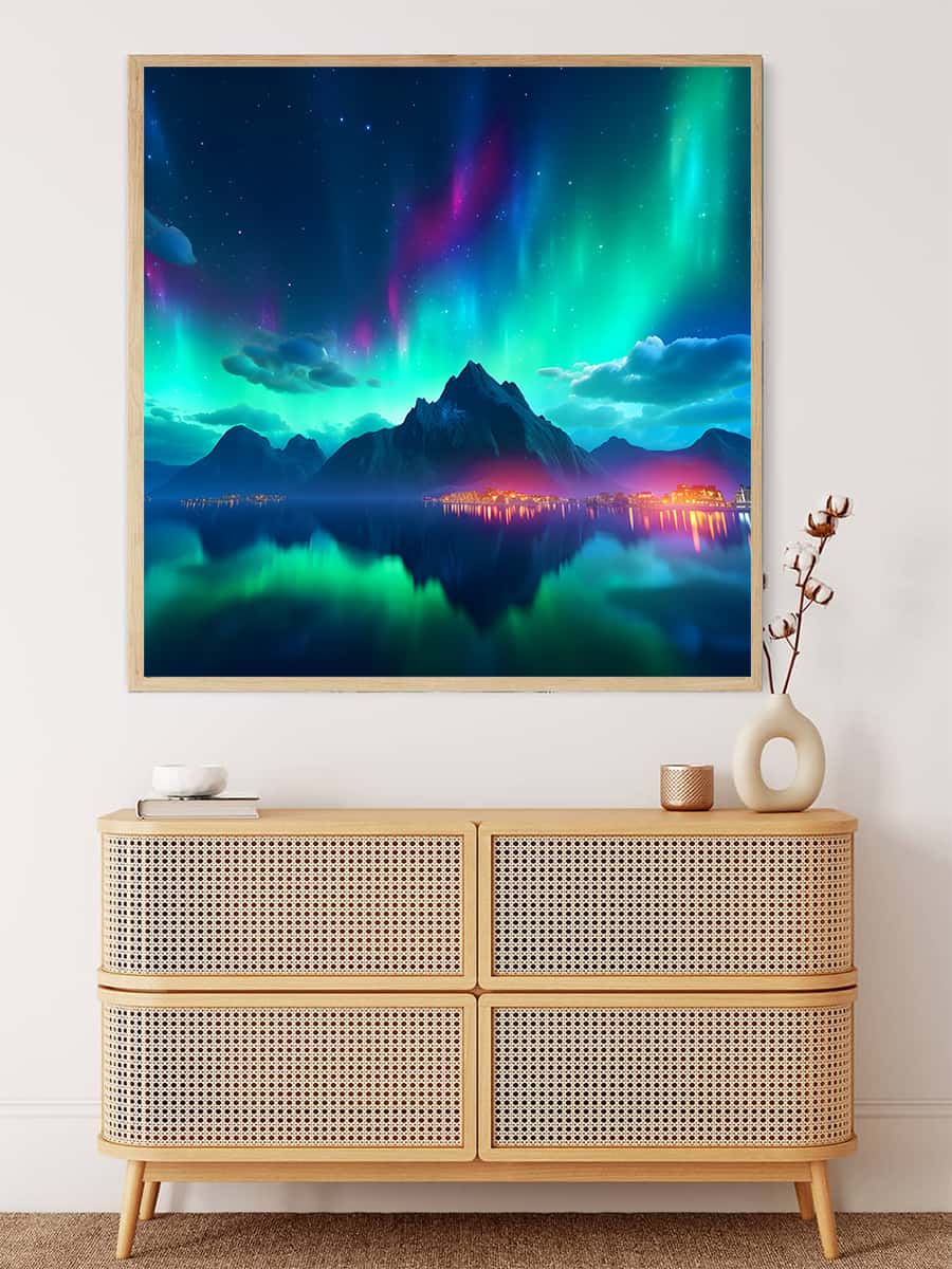AB Diamond Painting showcasing Aurora Borealis over a glowing city. Paint by Numbers kit with professional canvas and enhanced acrylic diamonds.