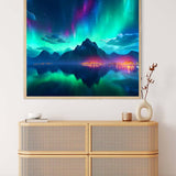 AB Diamond Painting showcasing Aurora Borealis over a glowing city. Paint by Numbers kit with professional canvas and enhanced acrylic diamonds.