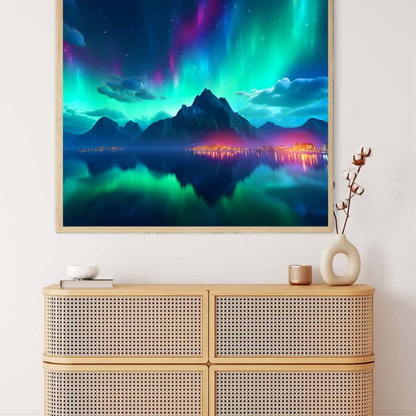 AB Diamond Painting showcasing Aurora Borealis over a glowing city. Paint by Numbers kit with professional canvas and enhanced acrylic diamonds.