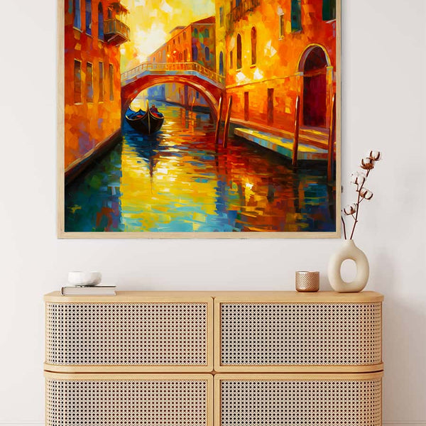 AB Diamond Painting - Venice bridge in the sun, Paint by Numbers, colorful canal artwork in luxurious living room setting.