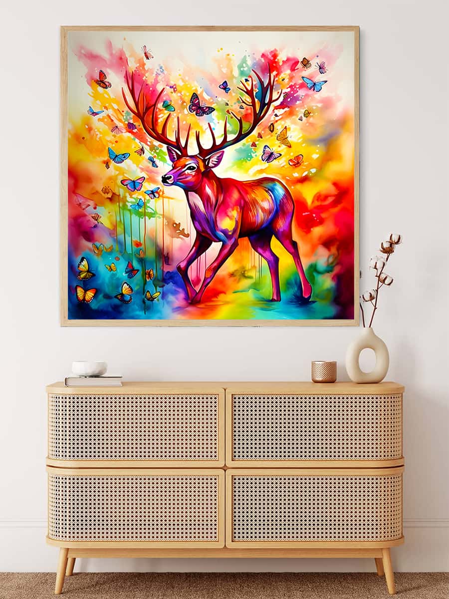 Colorful bright deer diamond painting on wall above wooden dresser, vibrant paint by numbers art with butterflies in rainbow hues.