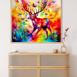 Colorful bright deer diamond painting on wall above wooden dresser, vibrant paint by numbers art with butterflies in rainbow hues.