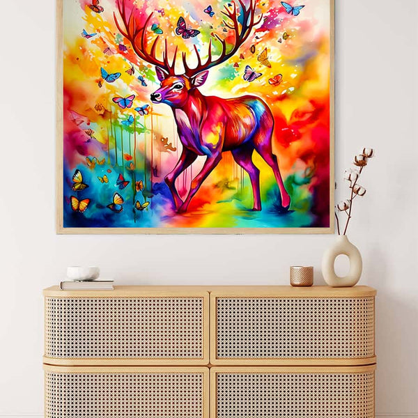Colorful bright deer diamond painting on wall above wooden dresser, vibrant paint by numbers art with butterflies in rainbow hues.