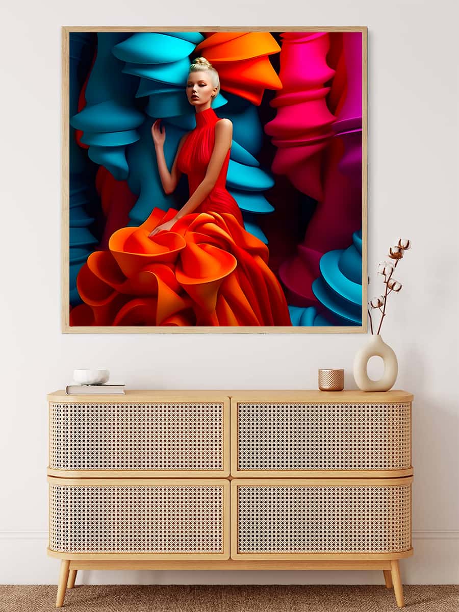 AB Diamond Painting - Woman with extravagant dress in vibrant colors displayed above a modern dresser. Paint by Numbers Kit.