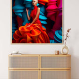 AB Diamond Painting - Woman with extravagant dress in vibrant colors displayed above a modern dresser. Paint by Numbers Kit.