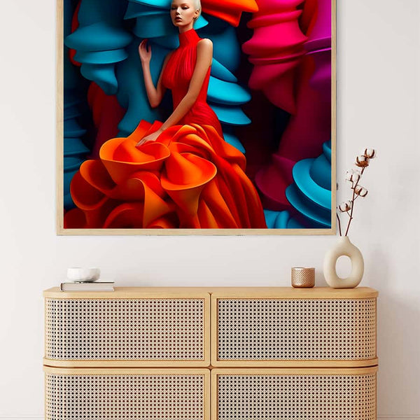 AB Diamond Painting - Woman with extravagant dress in vibrant colors displayed above a modern dresser. Paint by Numbers Kit.