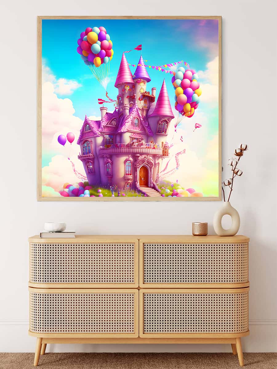 AB Diamond Painting - Fairy tale castle with balloons, Paint by Numbers artwork displayed above a woven cabinet